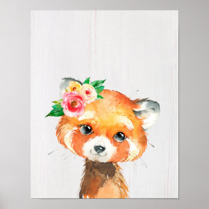 Waterverf Bloemige Baby Rode Panda Dieren Poster