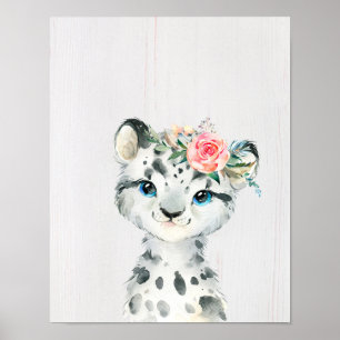 Waterverf Bloemige Baby Sneeuwluipaard Poster