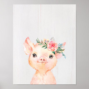 Waterverf Bloemige Baby Varken Poster