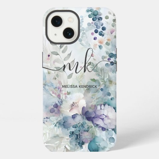 Waterverf Bloemige Bessen Varens Monogram Naam iPhone Hoesje (Achterkant)