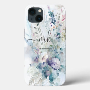 Waterverf Bloemige Bessen Varens Monogram Naam iPhone 13 Hoesje