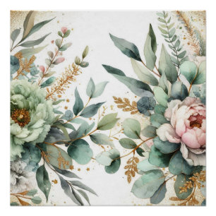 Waterverf Bloemige Bladgroen Roze Gouden Accenten Perfect Poster