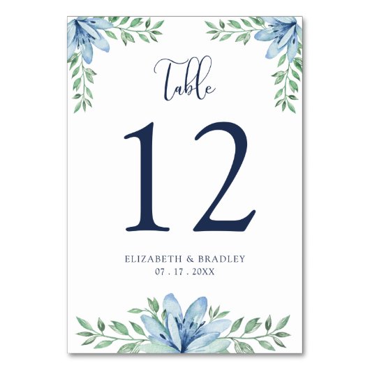 Waterverf Bloemige Blauwe Bloei Bruiloft Tafelnumm Kaart (Voorkant)