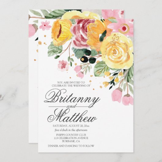 Waterverf Bloemige Bruiloft Kaart (Voorkant / Achterkant)