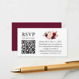 Waterverf Bloemige Bruiloft QR RSVP Burgundy Informatiekaartje