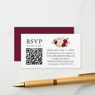 Waterverf Bloemige Bruiloft QR RSVP Burgundy Informatiekaartje