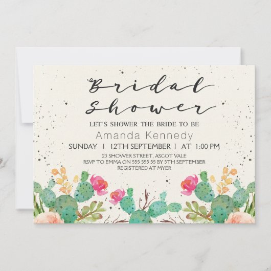 Waterverf Bloemige Cactus Bruiloft Uitnodiging (Voorkant)