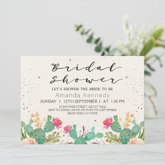 Waterverf Bloemige Cactus Bruiloft Uitnodiging (Staand voorkant)