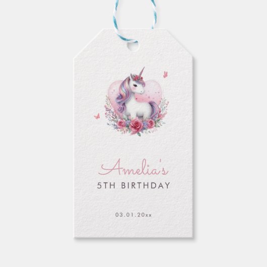 Waterverf Bloemige Eenhoring Magische Verjaardagsf Cadeaulabel (Voorkant)