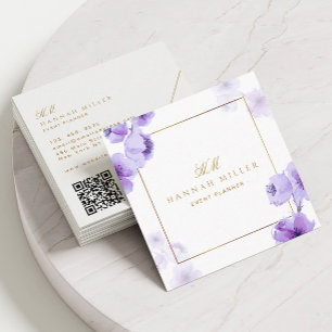 Waterverf Bloemige Elegante Gouden Frame QR-code Vierkante Visitekaartje