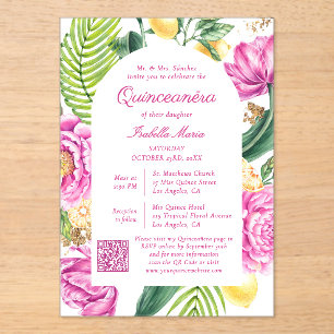 Waterverf Bloemige Foto QR Code Quinceañera Acryl Uitnodigingen