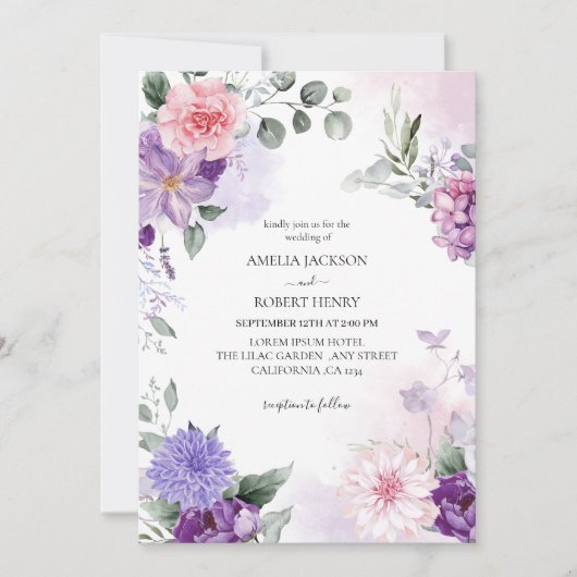 Waterverf bloemige franse lila lavendel bruiloft kaart (Voorkant)