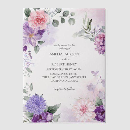 Waterverf bloemige franse lila lavendel bruiloft vellum uitnodigingen (Voorkant)