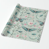 Waterverf Bloemige Groene Motten Cadeaupapier (Uitgerold)