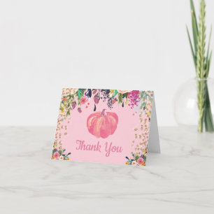 Waterverf Bloemige Herfst Pompoen Roze Goud Glitte Bedankkaart