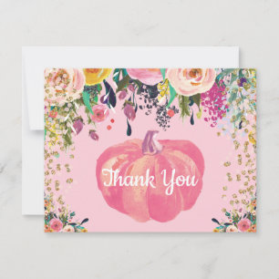 Waterverf Bloemige Herfst Pompoen Roze Goud Glitte Bedankkaart