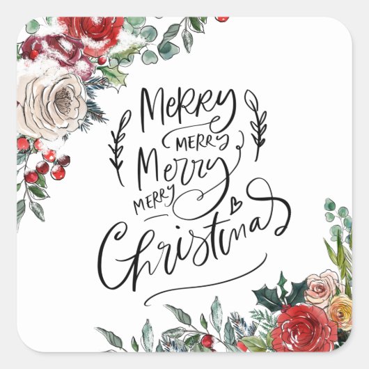 Waterverf Bloemige Hulst Prettig Kerstfeest Vierkante Sticker (Voorkant)