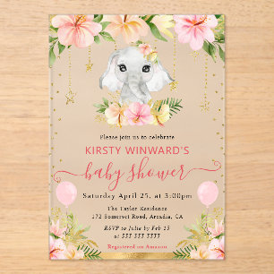 Waterverf Bloemige Jungle Olifant Baby Shower Acryl Uitnodigingen