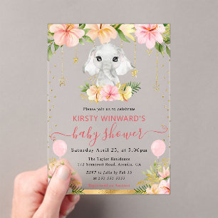 Waterverf Bloemige Jungle Olifant Baby Shower Acryl Uitnodigingen