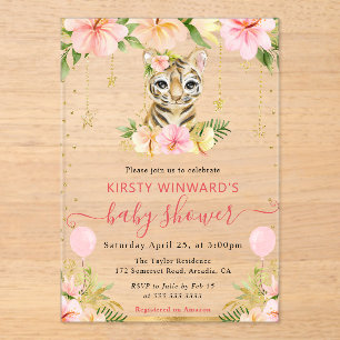Waterverf Bloemige Jungle Tijger Baby Shower Acryl Uitnodigingen