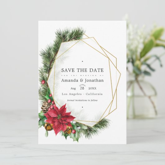 Waterverf Bloemige Kerst Geometrische Trouw Save The Date (Staand voorkant)
