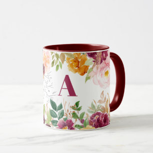 Waterverf bloemige klassieke elegante burgundy mon mok