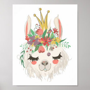 Waterverf Bloemige Mooie Llama Gezicht Poster