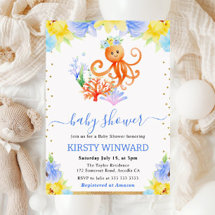 Waterverf Bloemige Onderwater Octopus Baby Shower Kaart