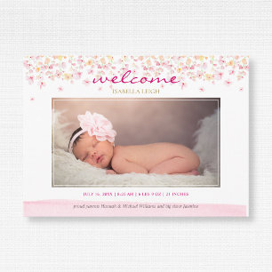 Waterverf Bloemige Pastel Baby Meisje Foto Geboort Aankondiging