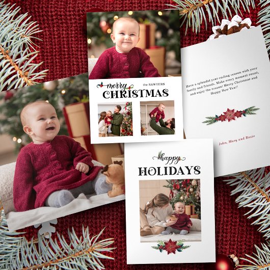 Waterverf Bloemige Prettig Kerst Script 3-Foto Drieluik Kaart