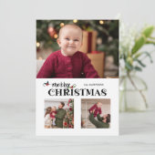 Waterverf Bloemige Prettig Kerst Script 3-Foto Feestdagenkaart (Staand voorkant)