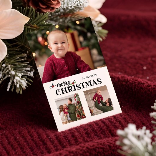 Waterverf Bloemige Prettig Kerst Script 3-Foto Feestdagenkaart