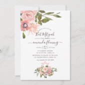 Waterverf bloemige Roze en Roze Goud Bat Mitzvah Kaart (Voorkant)