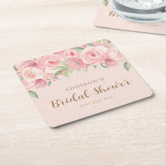 Waterverf Bloemige Roze Gouden Bruidsmeisjesfeest Kartonnen Onderzetters (Schuin)