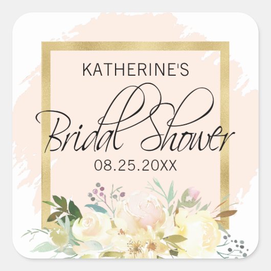 Waterverf Bloemige Roze Gouden Bruiloft Feest Vierkante Sticker (Voorkant)