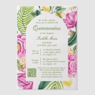 Waterverf Bloemige Roze Pioenrozen QR Code Quincea Vellum Uitnodigingen
