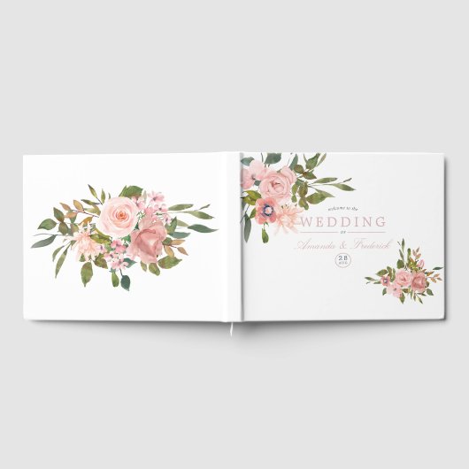 Waterverf bloemige Roze Rozen Bruiloft Gastenboek (Volledig)