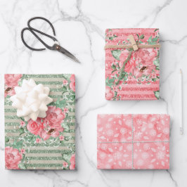 Waterverf Bloemige Roze Rozen & Glitter Strepen Inpakpapier Vel