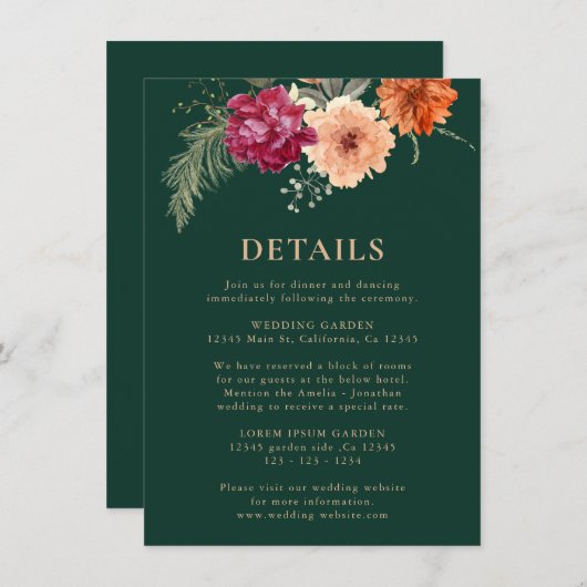 Waterverf bloemige smaragdgroene Trouwdetails Informatiekaartje (Voorkant / Achterkant)