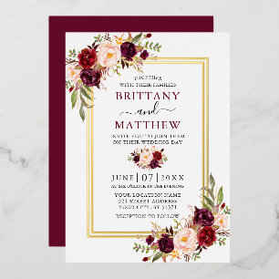 Waterverf Bloemige Trouw Burgundy 2 Frame Goud Folie Uitnodiging