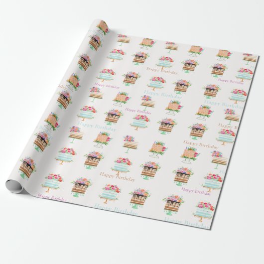 Waterverf Bloemige Verjaardagstaarten Cadeaupapier (Uitgerold)