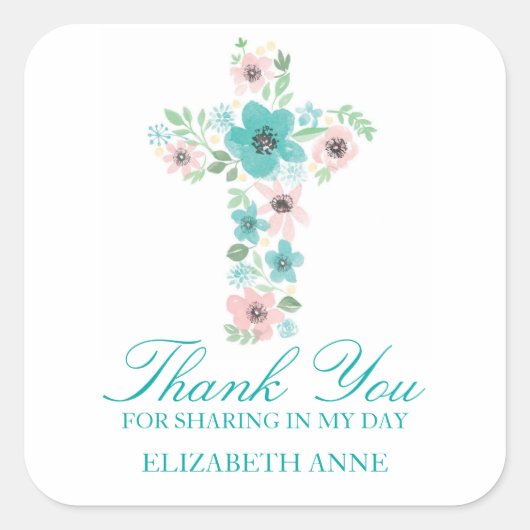 Waterverf Bloemkruis Eerste Communie Vierkante Sticker (Voorkant)