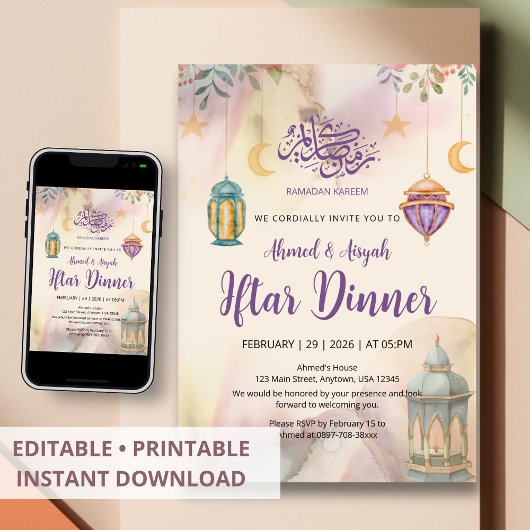 Waterverf Bloemlantaarns Iftar Uitnodiging