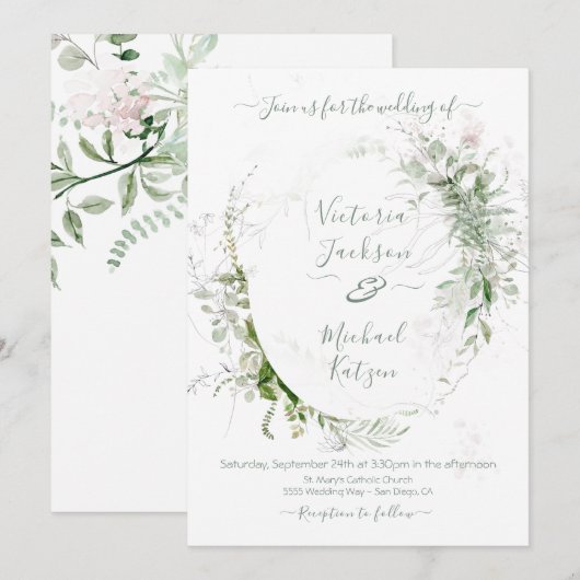 Waterverf Bloemlicht & Luchtige bruiloft uitnodigi Kaart (Voorkant / Achterkant)