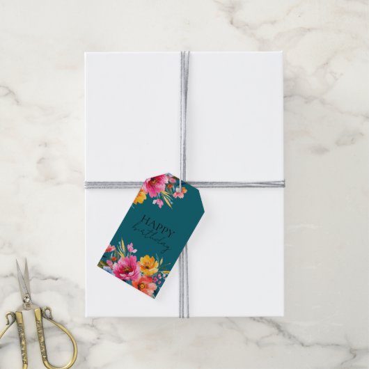 Waterverf Bloemmotief | Moderne Bloemen Cadeaulabel (Met Touw)