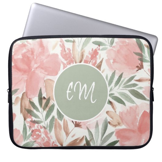 Waterverf Bloemmotief Monogram Laptop Sleeve (Voorkant)