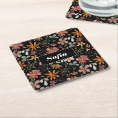 Waterverf bloemmotief op maat wit zwart kartonnen onderzetters (Schuin)