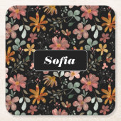 Waterverf bloemmotief op maat wit zwart kartonnen onderzetters (Voorkant)