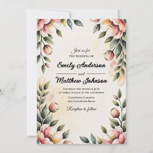 Waterverf Bloemontwerper bruiloft uitnodiging (Voorkant)