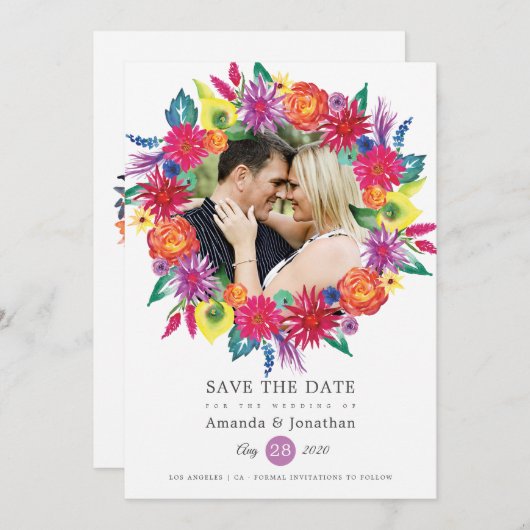Waterverf Bloemrijke Fiesta Foto Bruiloft Save The Date (Voorkant / Achterkant)